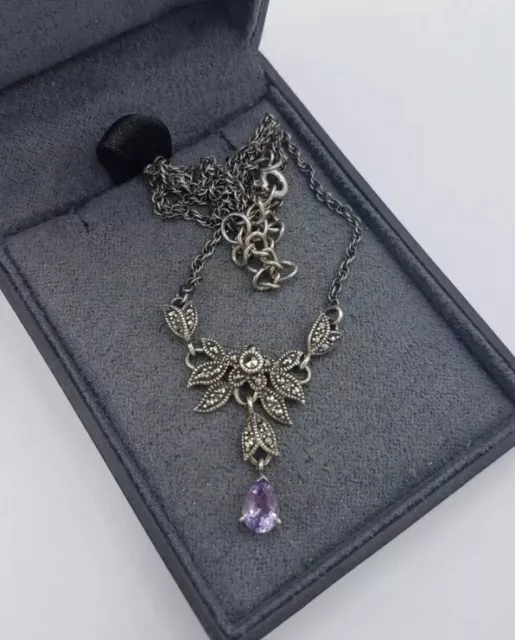 925 Silver Lariet Necklace Purple amethyst Stone Marcasite 6g - box not included