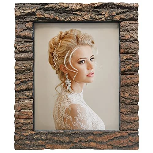 8x10 Rustic Wood Picture Frame with Real Bark，Solid Wood High Definition