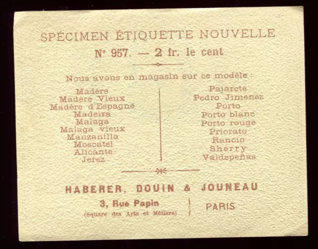 Spécimen nouvelle étiquette ancienne de Madère .Haberer Douin & Jouneau.1910/17 2