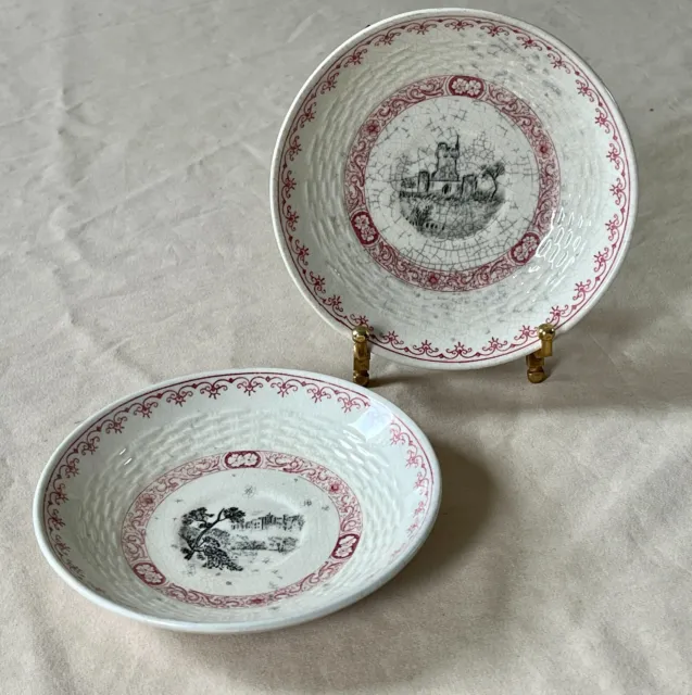 Antique Pair MINTONS England Ganges Saucers - Red Floral Band Pattern