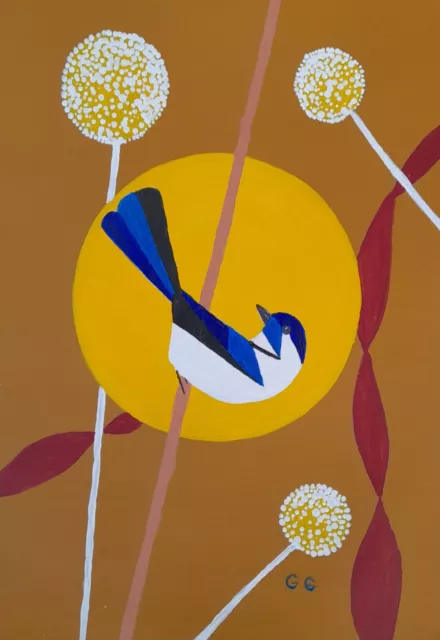 Original retro style acrylic Fairy Wren bird painting  - 20x30 cm-8x12 inches