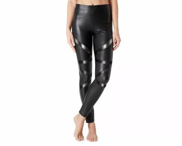 Leggings Donna Effetto Pelle con Inserti Nero su Nero Pantaloni Similpelle