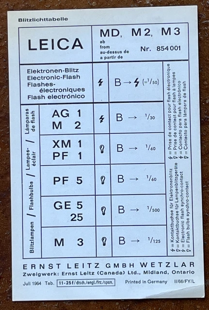 LEICA BLITZLICHTTABELLE - stabile Karte in Postkartenformat EUR 1,99