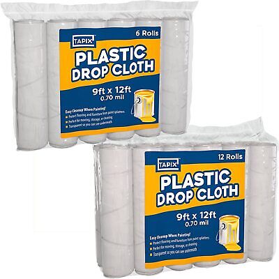 Paquete de 6 y 12 paños de plástico para pintores, 9x12 pies, cubierta antipolvo de lona de plástico