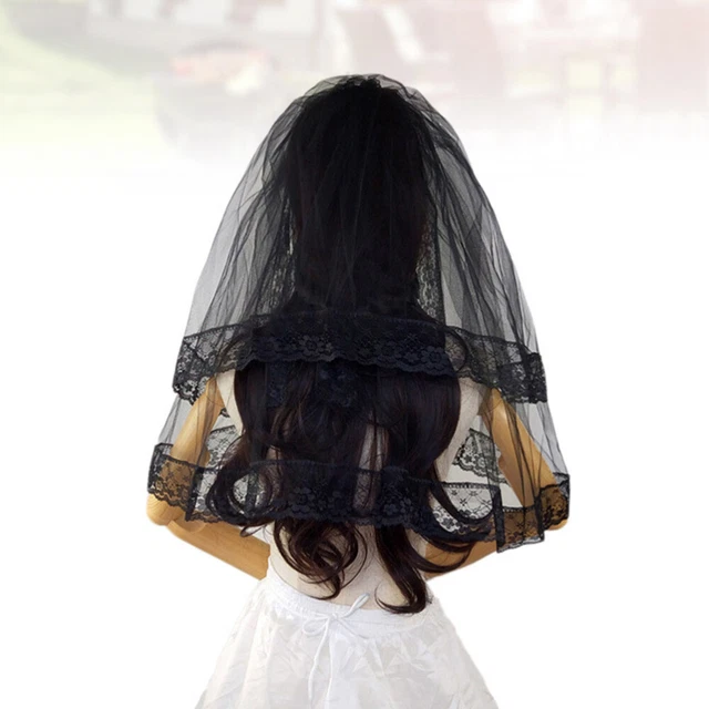 Velo per bambini doppio strato velo di pizzo nero cosplay corto matrimonio