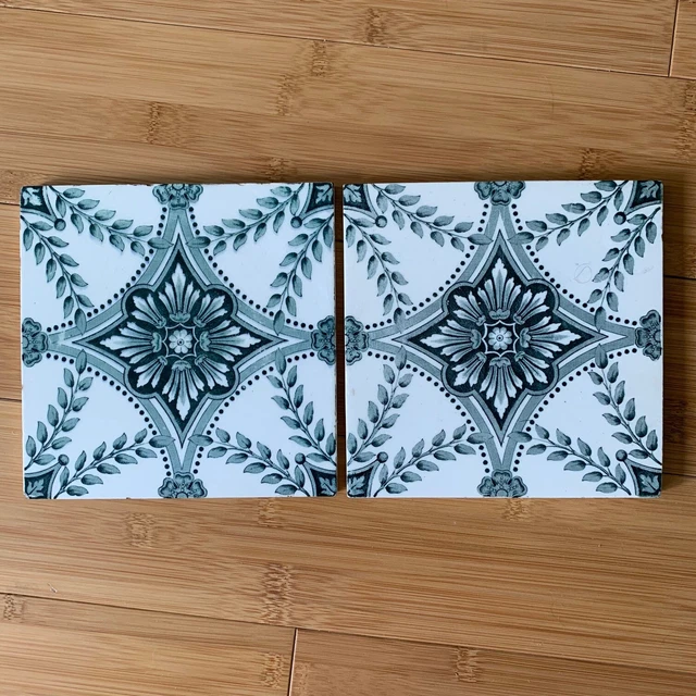 Two Antique Victorian 6" Tile Glazed Ornate Flowers Decorative Art Tiles