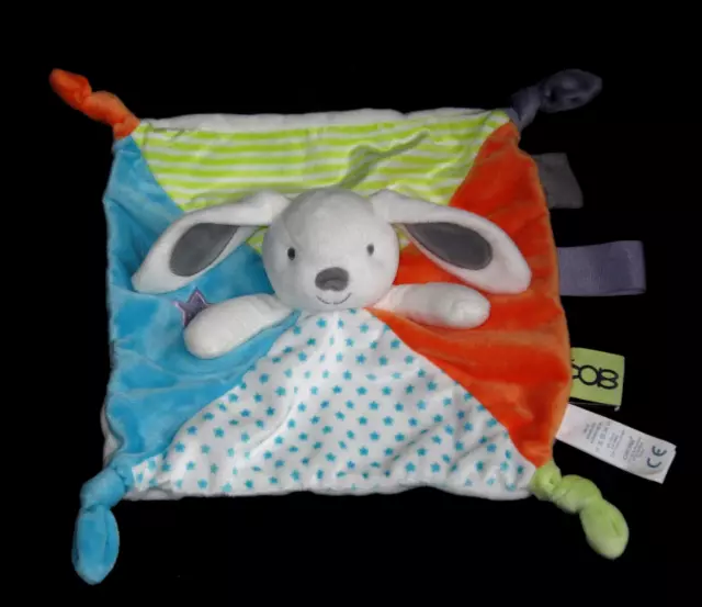Doudou carré plat Lapin blanc bleu vert orange rayé étoiles Obaïbi Okaïdi