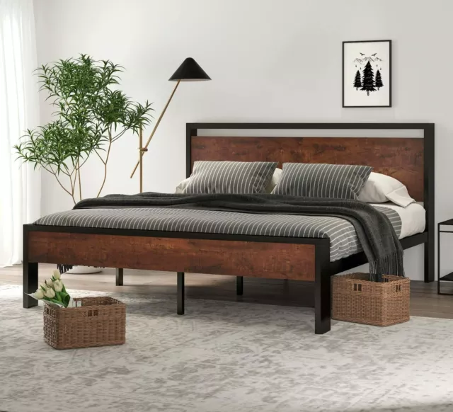 King Size Metal Platform Bed Frame with Wooden Headboard & Footboard,Mahogany