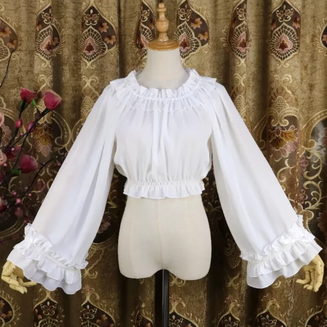 Women Ruffles Lolita Tops Shirts Flare Puff Sleeve Pleated Blouse Pullover