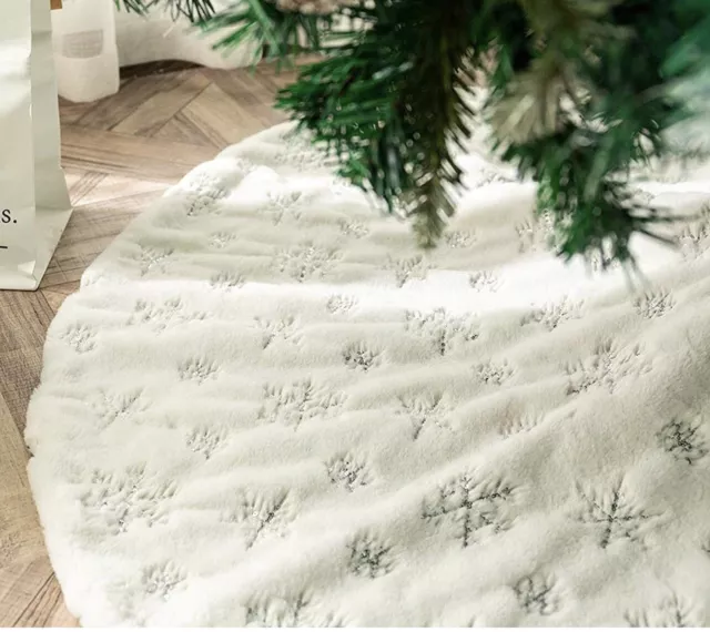 Pure White Christmas Tree Skirt with Silver Sequin Snowflakes, 48 inches 122cm