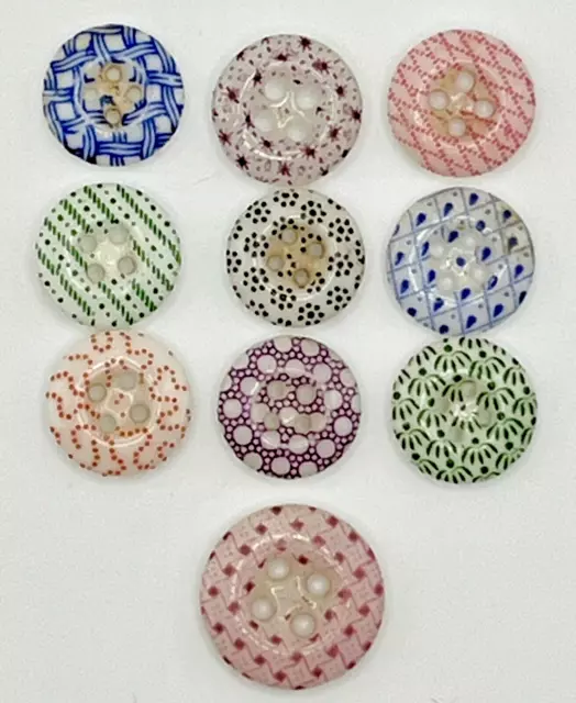 Lot of 10 Antique China Calico Buttons - Excellent Condition