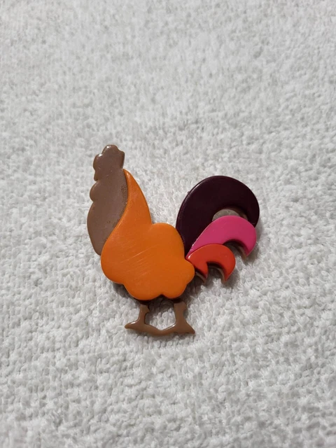 Vtg France rooster chicken plastic pink orange brown color brooch pin