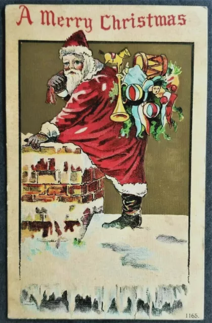 Full Length Santa Claus Entering Chimney with Sack of Toys. Christmas. Pre-1920.