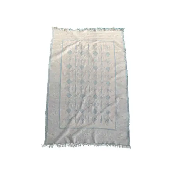 Tappeto rettangolare in cotone con frange  bianco celeste anni ’80
