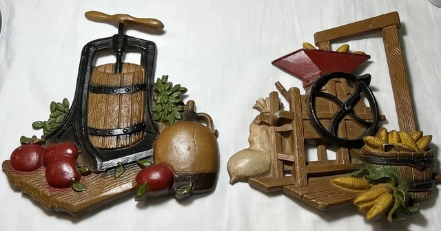Vintage 1978  Homco Metal Wall Plaques Farmhouse Decor, Apple Press , Corn