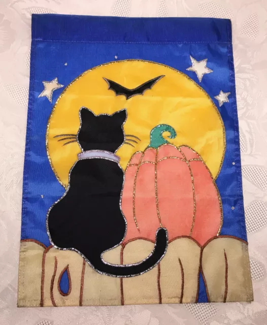 Black Cat Yellow Moon Bat Pumpkin Yard Garden Flag Embellished 10.75 x 14.5"
