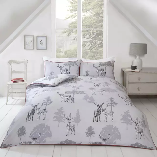 Duvet Cover Quilt Set Grey Sherwood Stag Deer Easy Care Bedding Sets