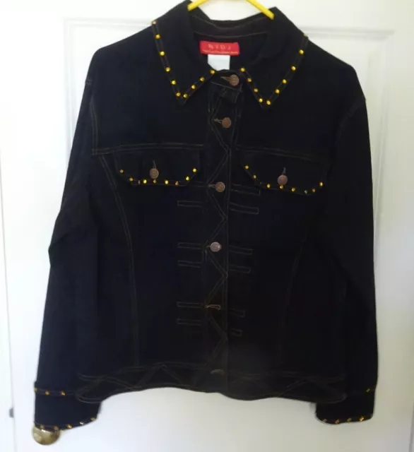 Black Jean Jacket, yellow rhinestones, XL, Brand NYDJ = Not Your Daughter's Jean