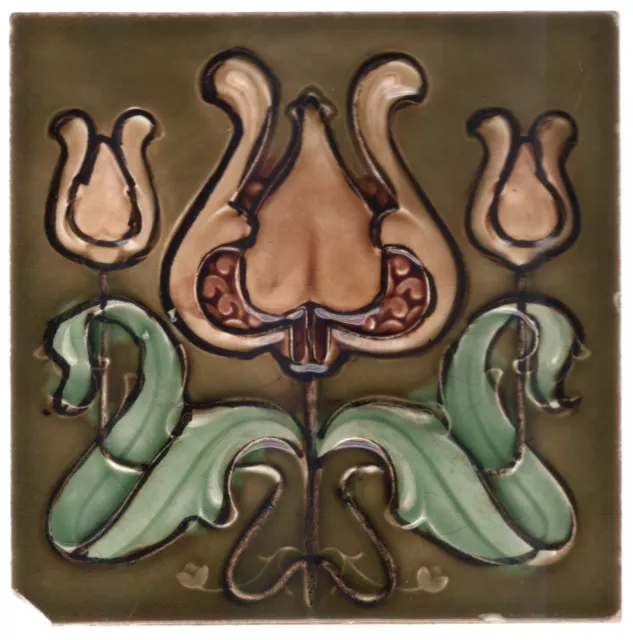 Henry Richards - c1904 - Triple Tulip Floral - Antique - Art Nouveau - Tile