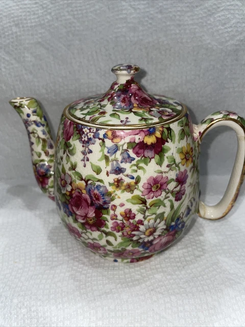 Vintage Antique Royal Winton Summertime 4.5” Chintz Teapot Countess Gold Rim