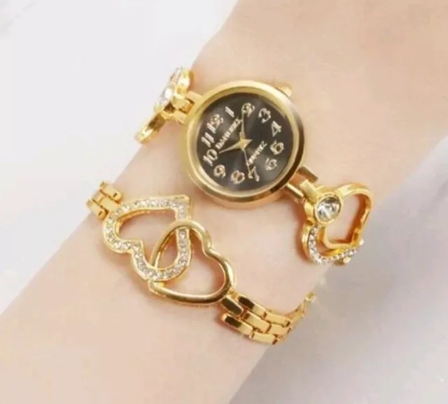 Armbanduhr mit Armkette Damen Mädchen Modeschmuck Uhren  Golden Strass Geschenk