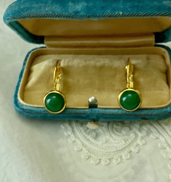 Boucles D'oreilles Anciennes En Jade Et émaux Cloisonnés - Plaqué Or - Occasion Vintage