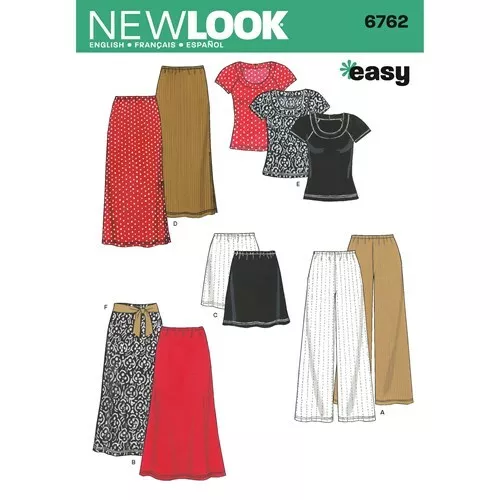 New Look Sewing Pattern 6762 Misses 6-24 Easy Knit Top T-Shirt Skirts and Pants