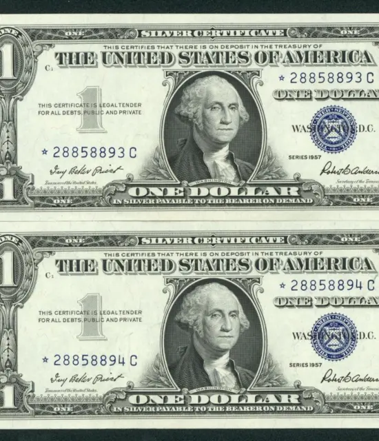 **STAR** ((TWO CONSECUTIVE)) $1 1957 (( CHOICE AU )) Silver Certificate Note