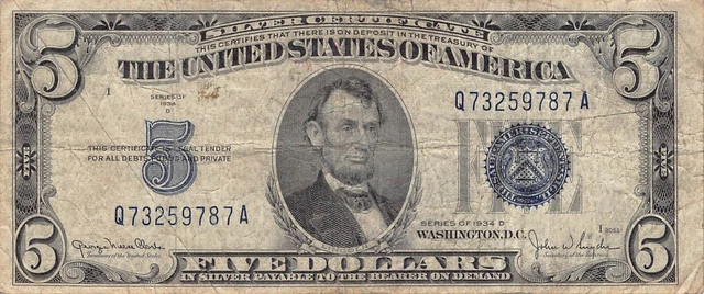 1934-D $5 Silver Certificate Blue Seal Dollar Bill (PM107)