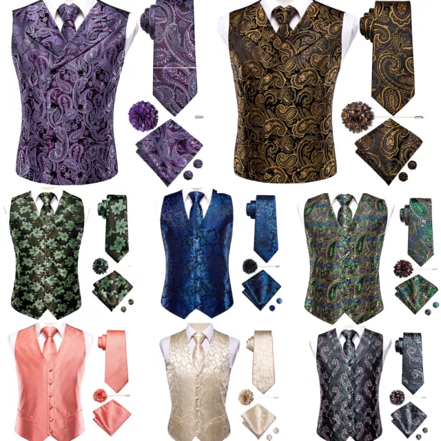 Men's Vest Silk Casual Western Sleeveless Top Dress Waistcoat Necktie Hanky Set