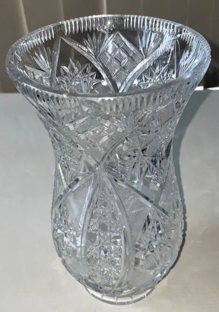 Stunning Vintage Bohemia Hand Cut Lead Crystal Vase w/Stars, Diamonds, Fans 26cm