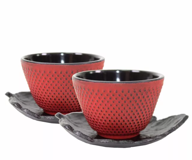 Sado Black Leaf Tea Saucer Red Cast Iron Teacup Hobnail Dot Japanese 2 sets