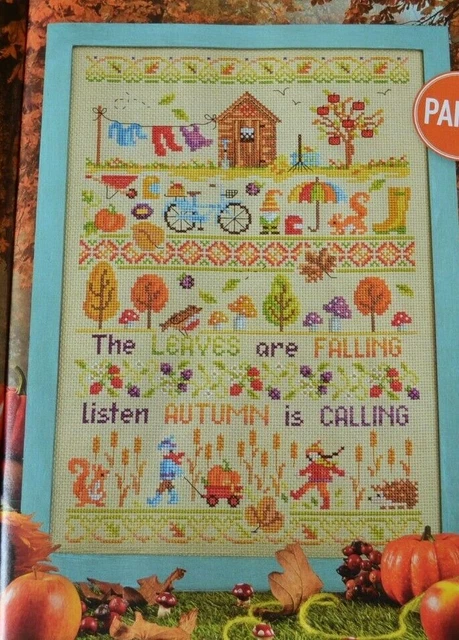 Autumn Motifs Leaves Pumpkin Animals Sampler With Verse Cross Stitch Chart