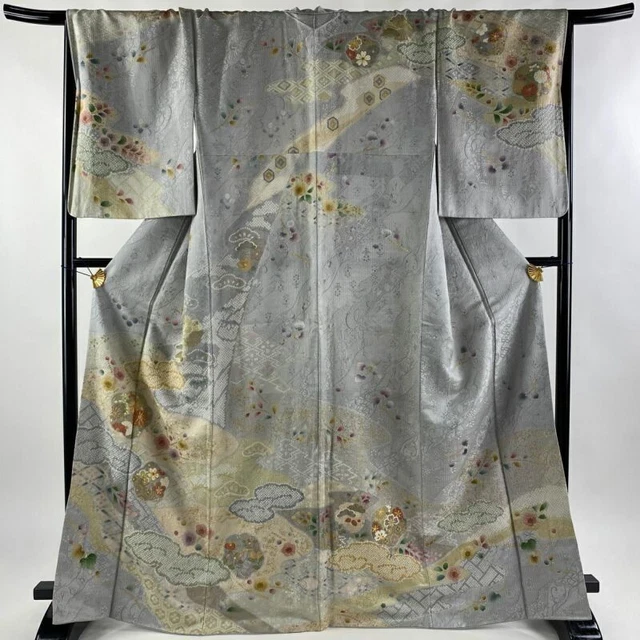 Woman Japanese Kimono Houmongi Silk Flower Cloud Gold Thread Foil Gray