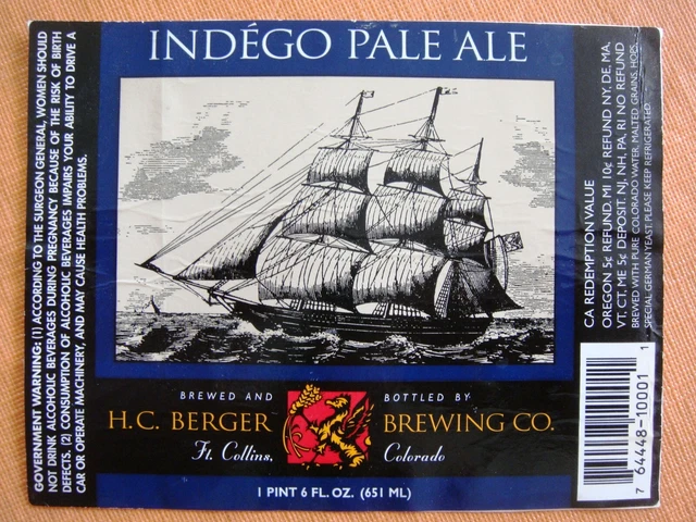 H.C.BERGER BREWING  beer label - FT. COLLINS COLORADO  with sailing ship