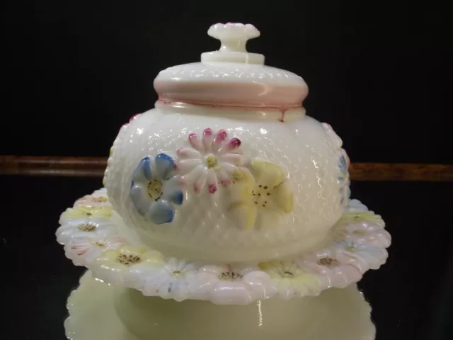Cosmos Butter Dish Milk Glass Enamel Flowers EAPG Consolidated Lamp Co.