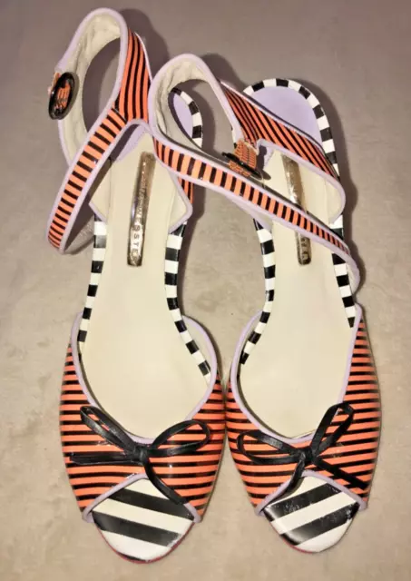Sophia Webster  'Lula 11' Fluoro Coral/ Black Stripe Open toe heel Sandals SZ 41 2