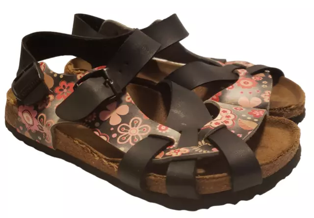 Birkenstock Papillio Marbella Sandals Black Leather Pink Floral Womens Size 6