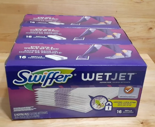 3  SWIFTER WETJET Floor Mopping Refill Pad 16ct Absorb trap+Lock Strip SAFE WOOD
