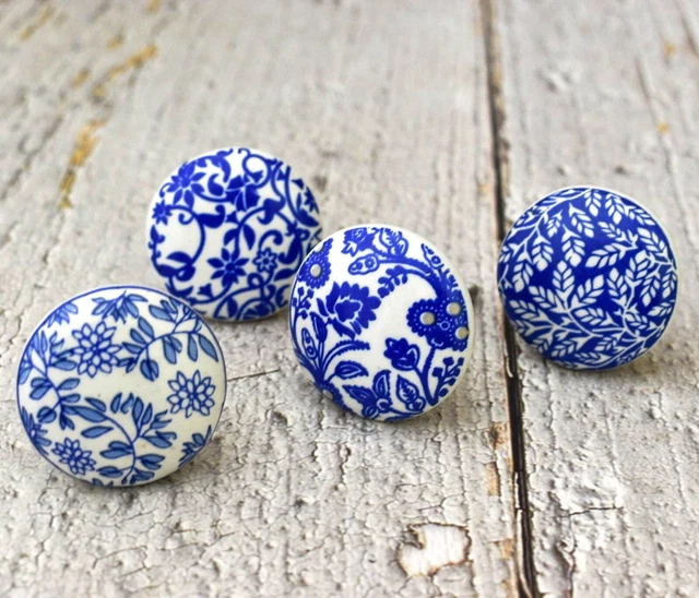 Blue Floral Ceramic Hand painted Cabinet, Drawer, Cupboard Knobs/ Pulls- set -10