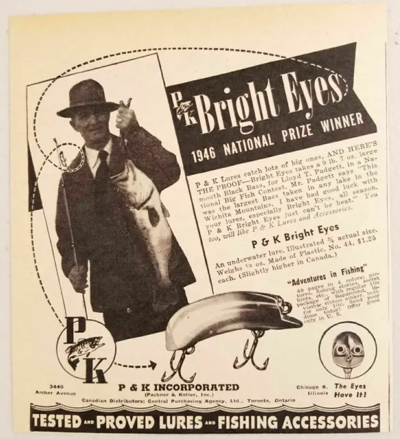 1947 Print Ad P&K Bright Eyes Fishing Lures Pachner & Koller Chicago,IL