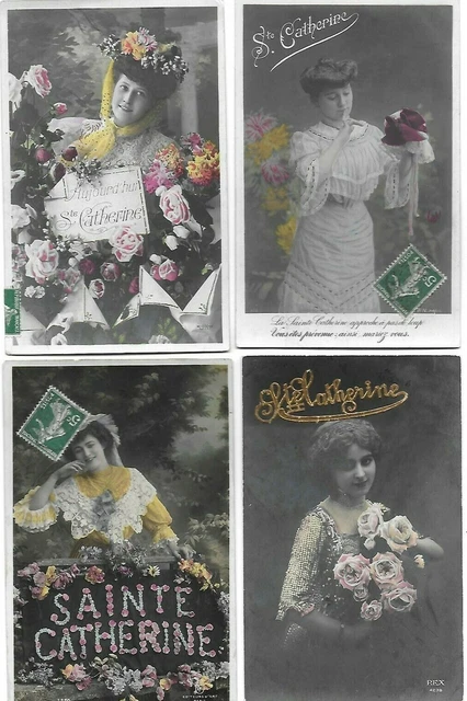 4 CPA cartes postales anciennes Ste Catherine fleurs belles femmes coiffes