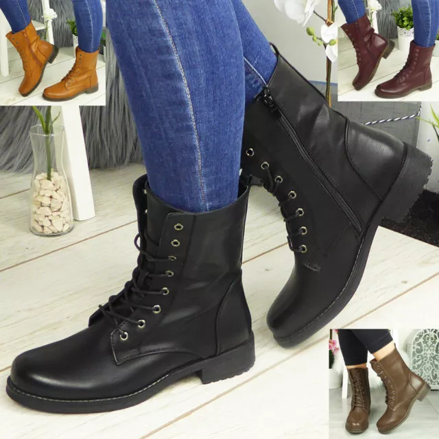 Ankle Boots Shoes Ladies Biker Zip Lace Up Army Combat Winter Casual Womens Size