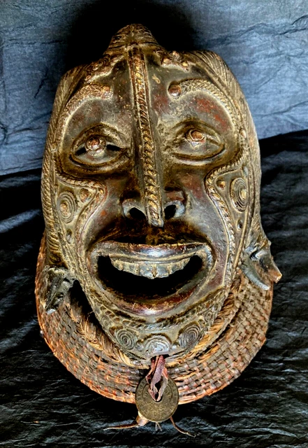 Museum Quality True Authentic Antique African Yoruba Tribe Bronze Mask W/ Basket
