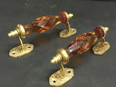 Vintage Pair  Clear Victorian Wine Color Cut Glass  Push Brass Door Handle