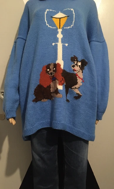 Maglione blu vintage anni '80 donna Disney Lady and the vagabondo lavorato a mano FS
