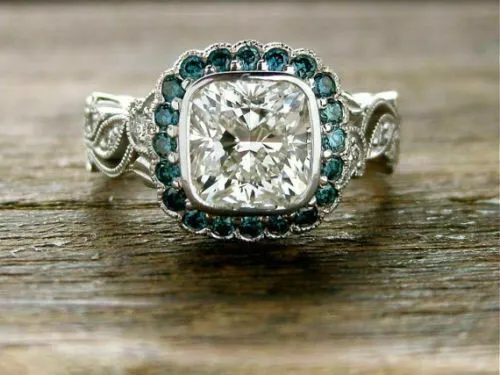 Vintage Art Deco Cushion Lab Created Diamond Engagement Wedding 925 Silver Ring