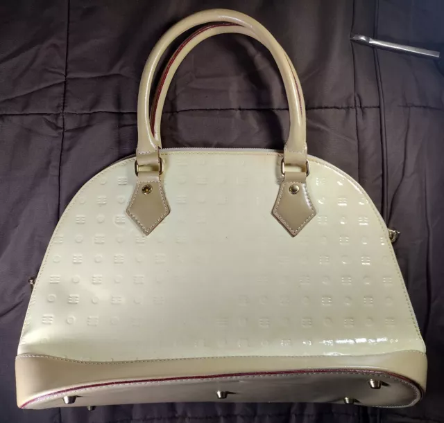 Arcadia Cream Patent Leather Embosse DOME Hand Bag Satchel Crossbody Purse Italy