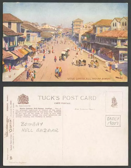 India Old Tuck's Oilette Postcard Native Quarter Null Bazaar Street Scene BOMBAY