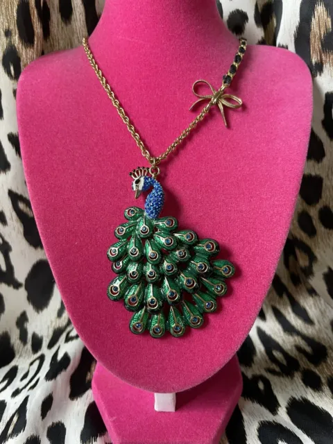 Betsey Johnson Vintage Asian Jungle Blue Green Peacock Bird Crystal Necklace